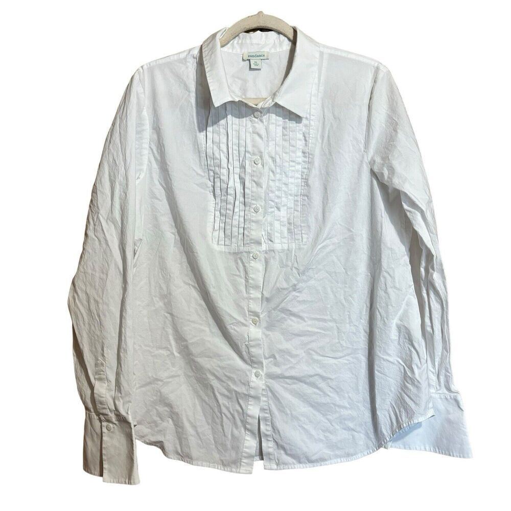 Sundance Top Womens XL White Cotton Button Up Shirt Pintucked Long Sleeve Blouse